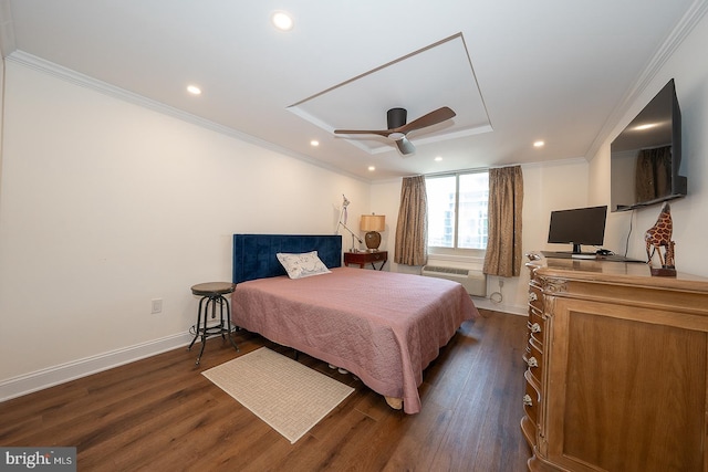 bedroom featuring ornamental molding, baseboards, and dark wood finished floors