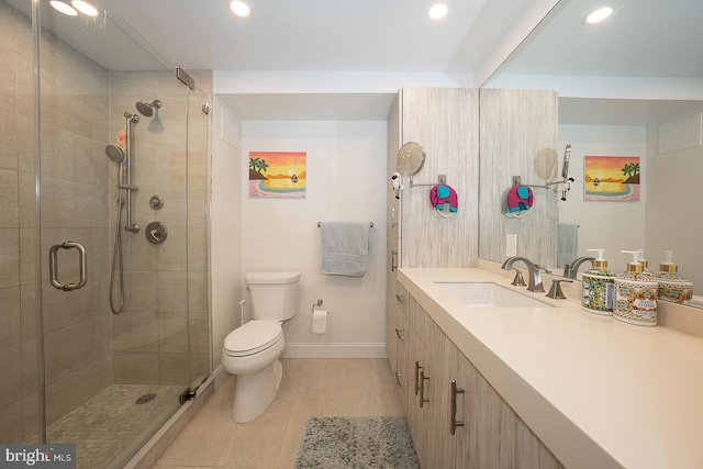 full bath with toilet, tile patterned floors, recessed lighting, and baseboards