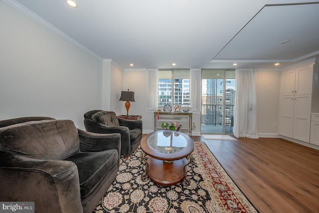 living area with wood finished floors, baseboards, ornamental molding, and recessed lighting
