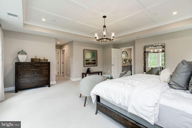 bedroom featuring light colored carpet, visible vents, a chandelier, coffered ceiling, and baseboards
