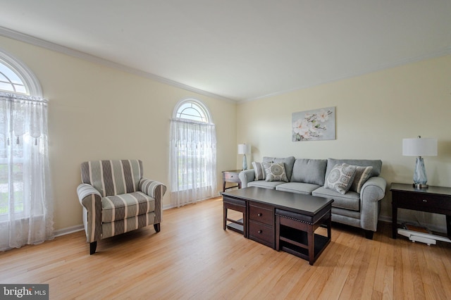 living area featuring light wood-type flooring, baseboards, and crown molding