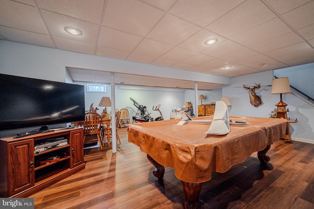 playroom featuring billiards, wood finished floors, a paneled ceiling, and recessed lighting