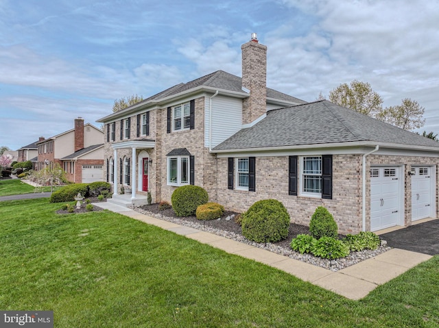 view of front of house featuring brick siding, a shingled roof, a front yard, and a chimney