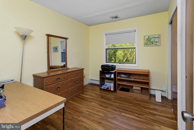 home office with dark wood finished floors, visible vents, and a baseboard radiator