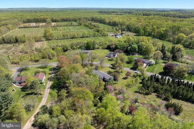 aerial view with a rural view and a wooded view