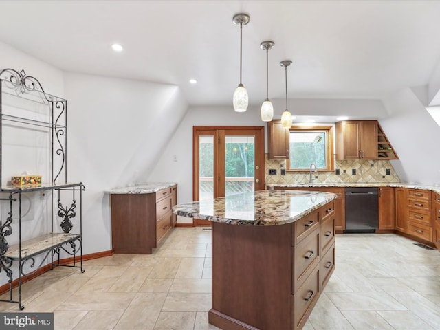 11035 Bennie Duncan Rd, Frederick, MD 21701 - kitchen with black dishwasher, open shelves, light stone countertops, backsplash, and brown cabinets