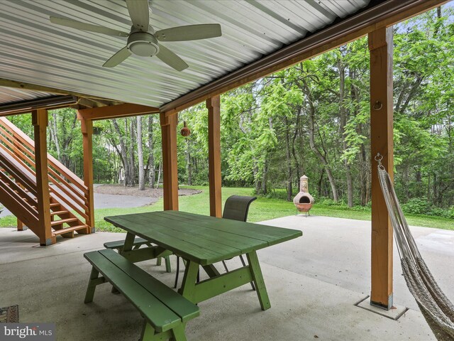11035 Bennie Duncan Rd, Frederick, MD 21701 - view of patio / terrace with ceiling fan, outdoor dining area, and stairway