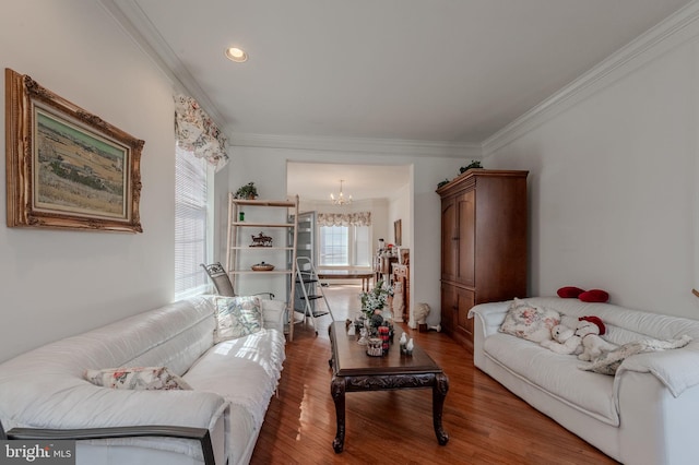 living room featuring an inviting chandelier, ornamental molding, and wood finished floors