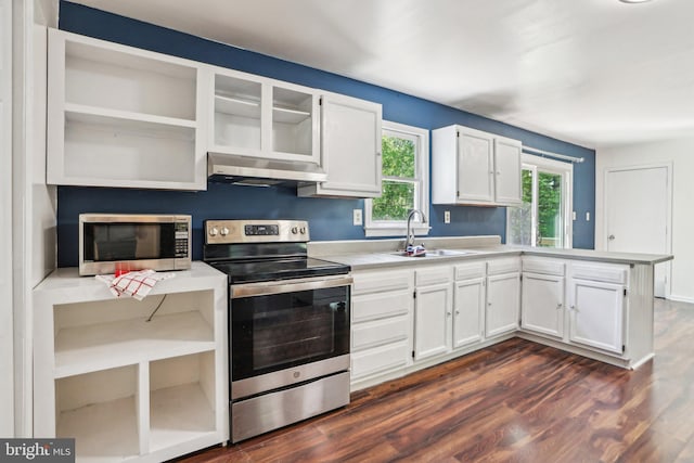kitchen with under cabinet range hood, open shelves, stainless steel appliances, and a sink