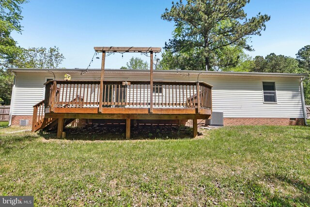 back of house featuring a wooden deck, crawl space, and central AC unit