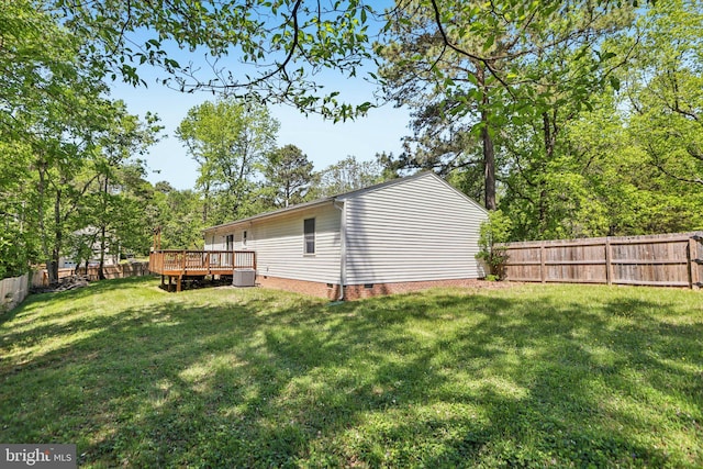 exterior space with a fenced backyard, a deck, and central AC