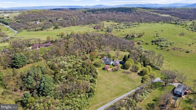 drone / aerial view with a view of trees, a mountain view, and a rural view