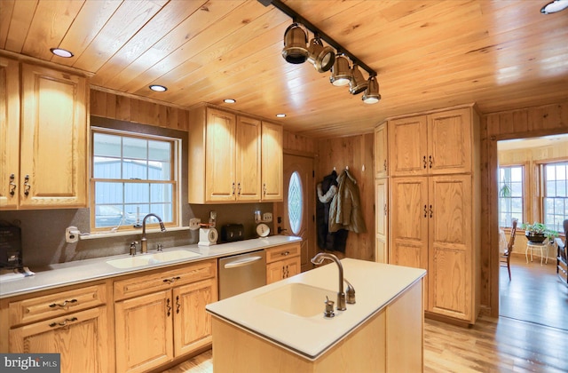 kitchen with a sink, wooden ceiling, stainless steel dishwasher, healthy amount of natural light, and wooden walls
