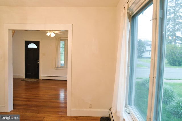 20 Leuckel Ave, Hamilton, NJ 08619 - foyer with a baseboard radiator, wood finished floors, baseboards, and ceiling fan