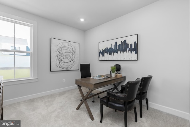 carpeted office with baseboards and recessed lighting