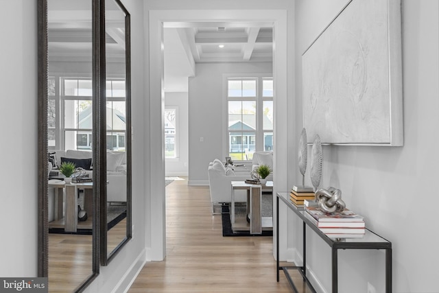 hallway with baseboards, light wood-style floors, beam ceiling, recessed lighting, and coffered ceiling