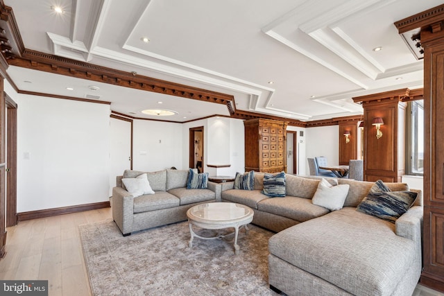 living area featuring crown molding and light wood finished floors