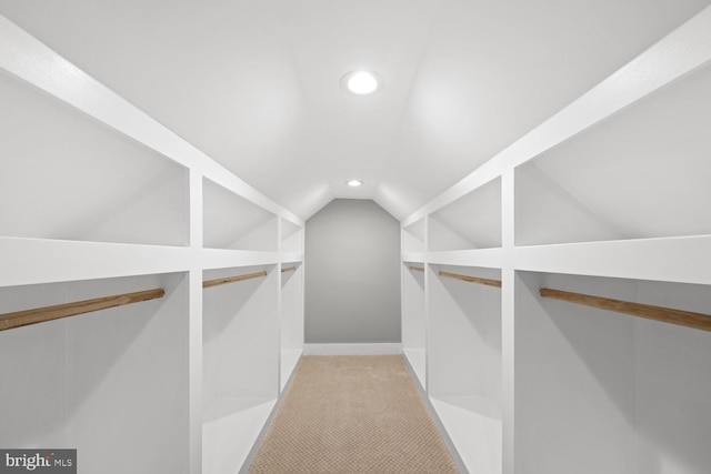 walk in closet featuring carpet floors and lofted ceiling