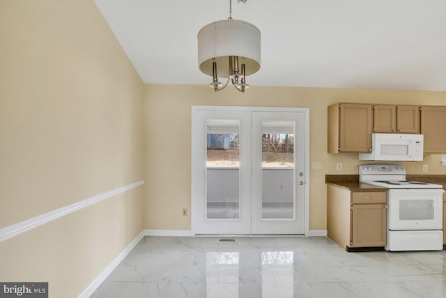 6135 Rainbow Dr, Elkridge, MD 21075 - kitchen featuring white appliances, marble finish floor, decorative light fixtures, french doors, and baseboards