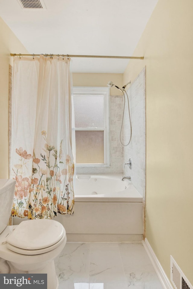 6135 Rainbow Dr, Elkridge, MD 21075 - bathroom with baseboards, shower / bath combo, toilet, visible vents, and marble finish floor