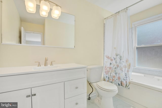 6135 Rainbow Dr, Elkridge, MD 21075 - bathroom featuring toilet, shower / tub combo, marble finish floor, and vanity