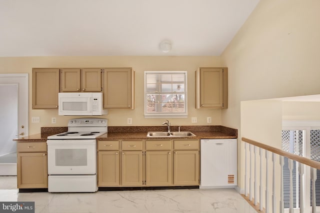 6135 Rainbow Dr, Elkridge, MD 21075 - kitchen with white appliances, marble finish floor, a sink, and dark countertops