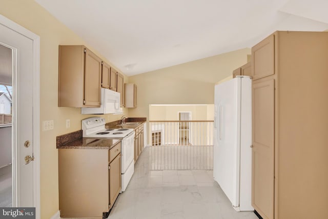 6135 Rainbow Dr, Elkridge, MD 21075 - kitchen featuring vaulted ceiling, white appliances, dark countertops, marble finish floor, and a sink