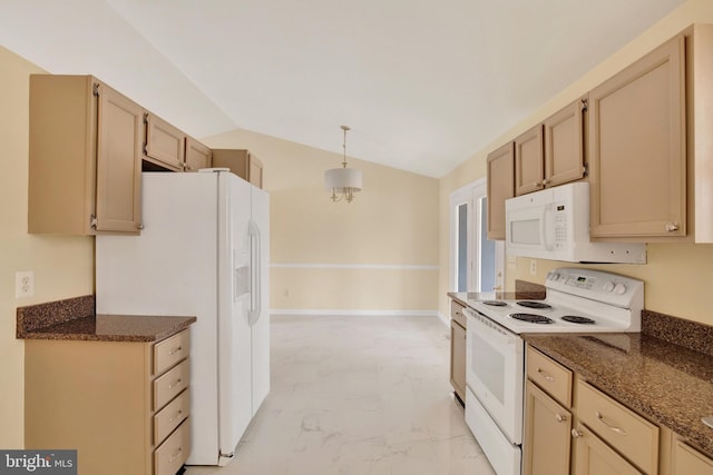 6135 Rainbow Dr, Elkridge, MD 21075 - kitchen featuring baseboards, white appliances, dark stone counters, marble finish floor, and lofted ceiling