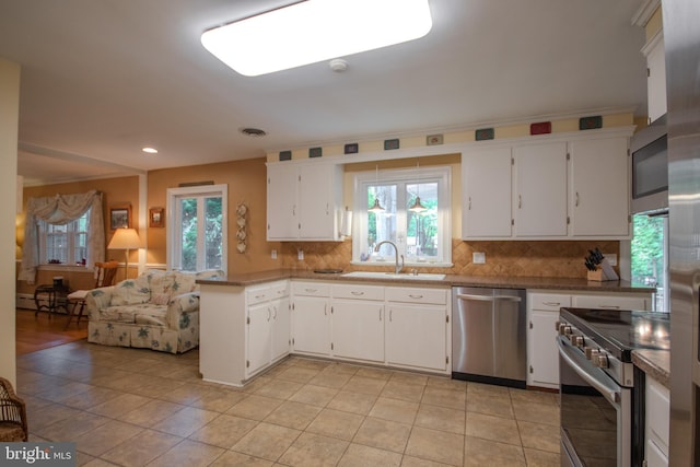 kitchen with a sink, appliances with stainless steel finishes, baseboard heating, and a wealth of natural light