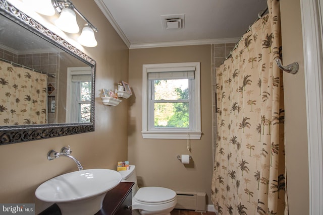 bathroom with toilet, a baseboard heating unit, a shower with shower curtain, and vanity