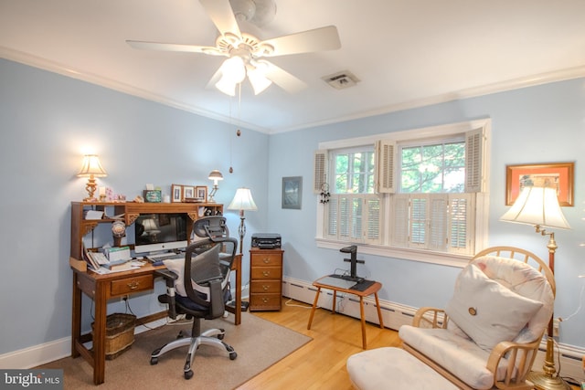 office featuring ceiling fan, visible vents, crown molding, wood finished floors, and a baseboard heating unit