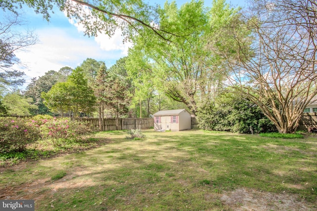 view of yard featuring an outdoor structure, a shed, and a fenced backyard