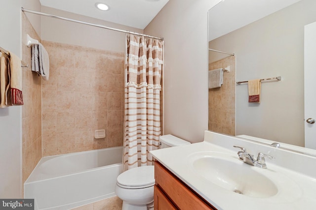 bathroom featuring vanity, shower / bath combination with curtain, toilet, recessed lighting, and tile patterned floors