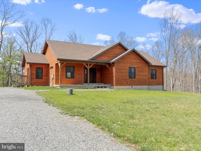 227 Key Pine Ln, Berkeley Springs, WV 25411 - view of front facade featuring a front lawn, roof with shingles, gravel driveway, and covered porch