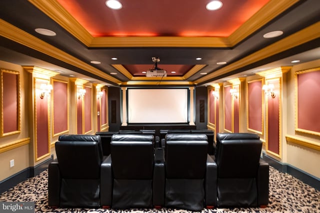 1100 Washingtonville Dr, Baltimore, MD 21210 - cinema room featuring crown molding, recessed lighting, ornate columns, and a tray ceiling