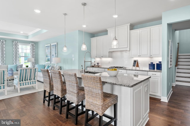 kitchen with a sink, tasteful backsplash, a raised ceiling, and dark wood finished floors