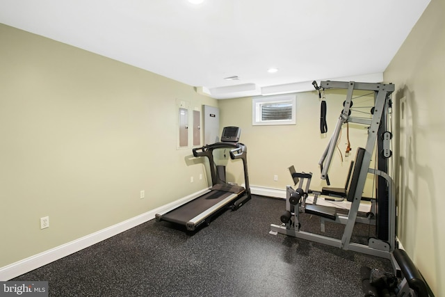 exercise area featuring electric panel, recessed lighting, and baseboards
