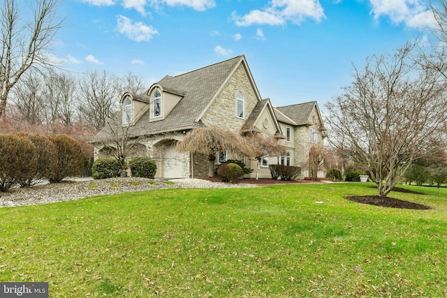 view of home's exterior with stone siding, a lawn, and stucco siding