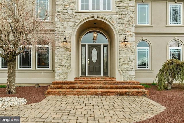 doorway to property with stone siding