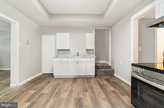 606 N St, Lykens, PA 17048 - kitchen with light wood finished floors, exhaust hood, electric stove, baseboards, and white cabinetry