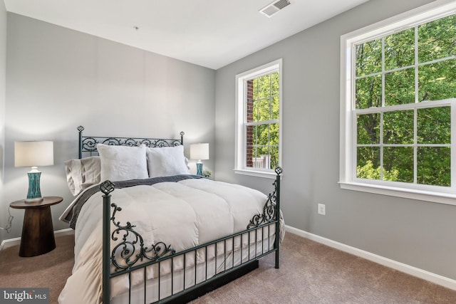 bedroom with carpet floors, baseboards, and visible vents