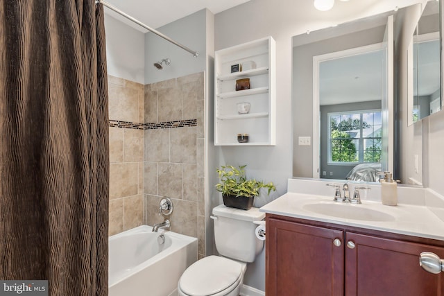bathroom with connected bathroom, toilet, shower / tub combo, and vanity