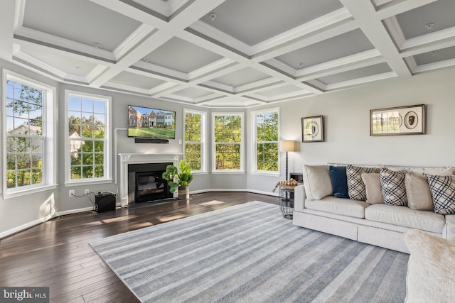 living room with coffered ceiling, a glass covered fireplace, hardwood / wood-style flooring, and beamed ceiling