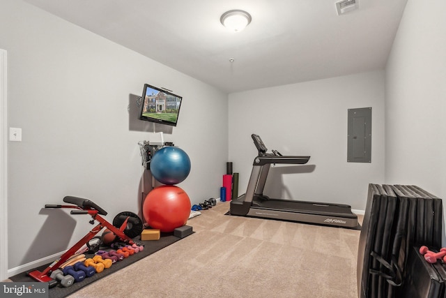 workout room featuring carpet, electric panel, and visible vents
