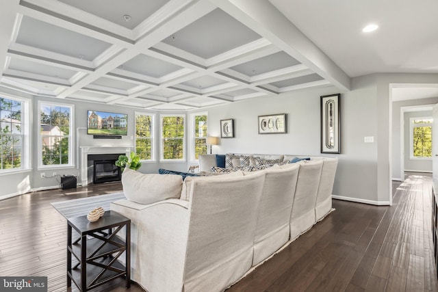 living area with baseboards, a glass covered fireplace, beam ceiling, and dark wood-type flooring