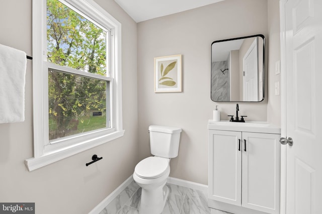 4319 Valley View Ave, Baltimore, MD 21206 - bathroom featuring toilet, baseboards, marble finish floor, a shower, and vanity