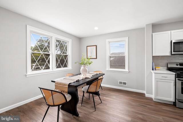 4319 Valley View Ave, Baltimore, MD 21206 - dining room featuring baseboards, visible vents, recessed lighting, and dark wood-style floors