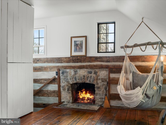 details featuring a stone fireplace and wood finished floors