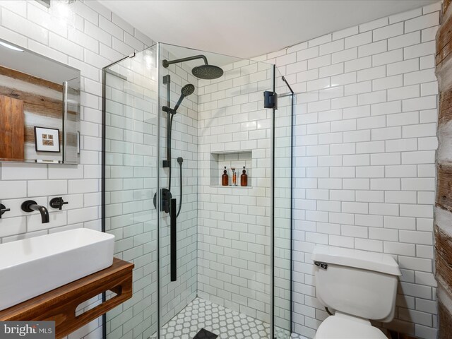 bathroom with tile walls, toilet, a sink, and a stall shower