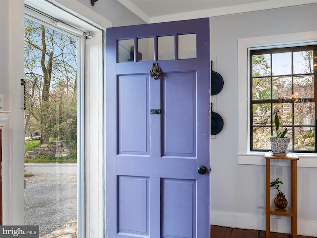 foyer entrance featuring baseboards